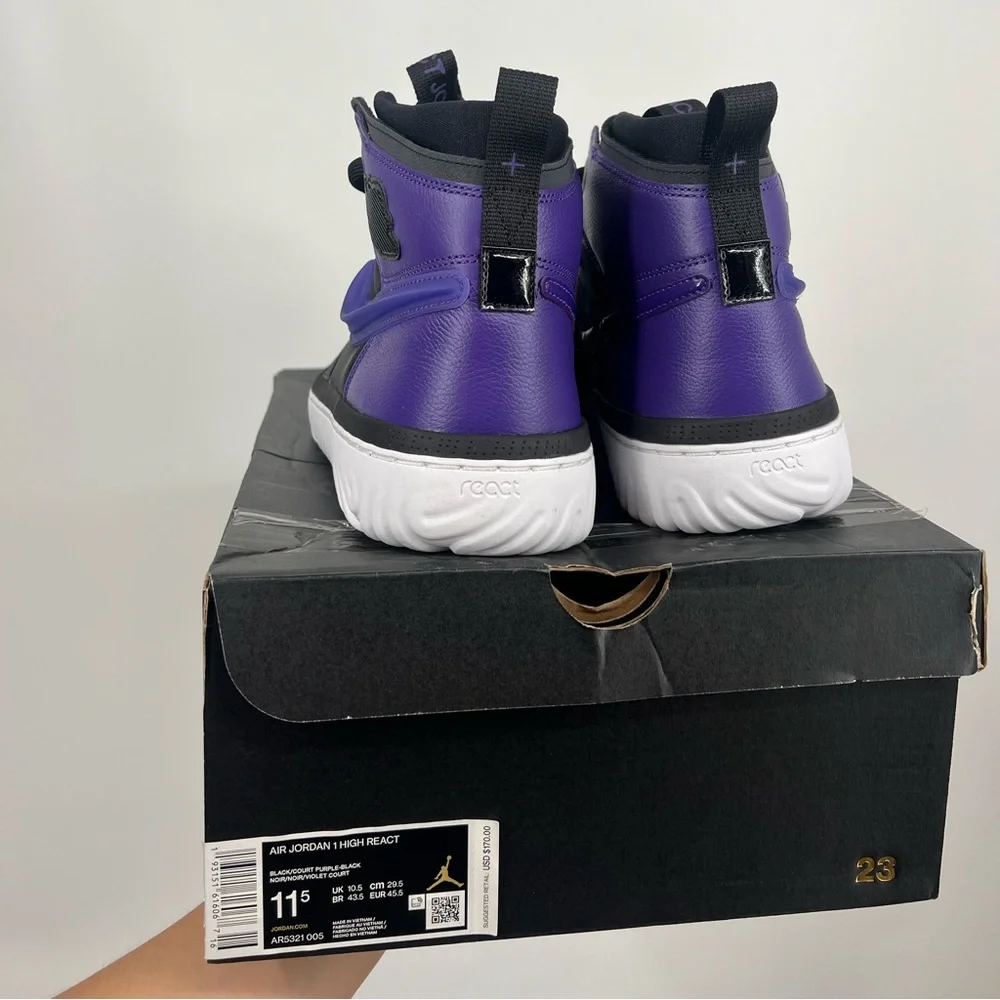 Nike Air Jordan 1 High React Black Court purple retro Size 11.5 - Picture 2 of 5